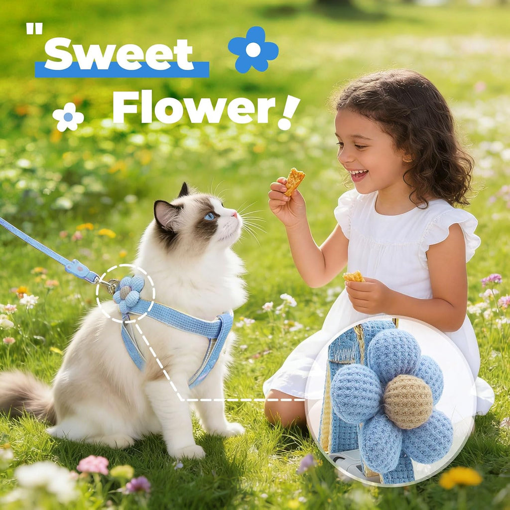Petcare blue floral cat walking harness with bow tie