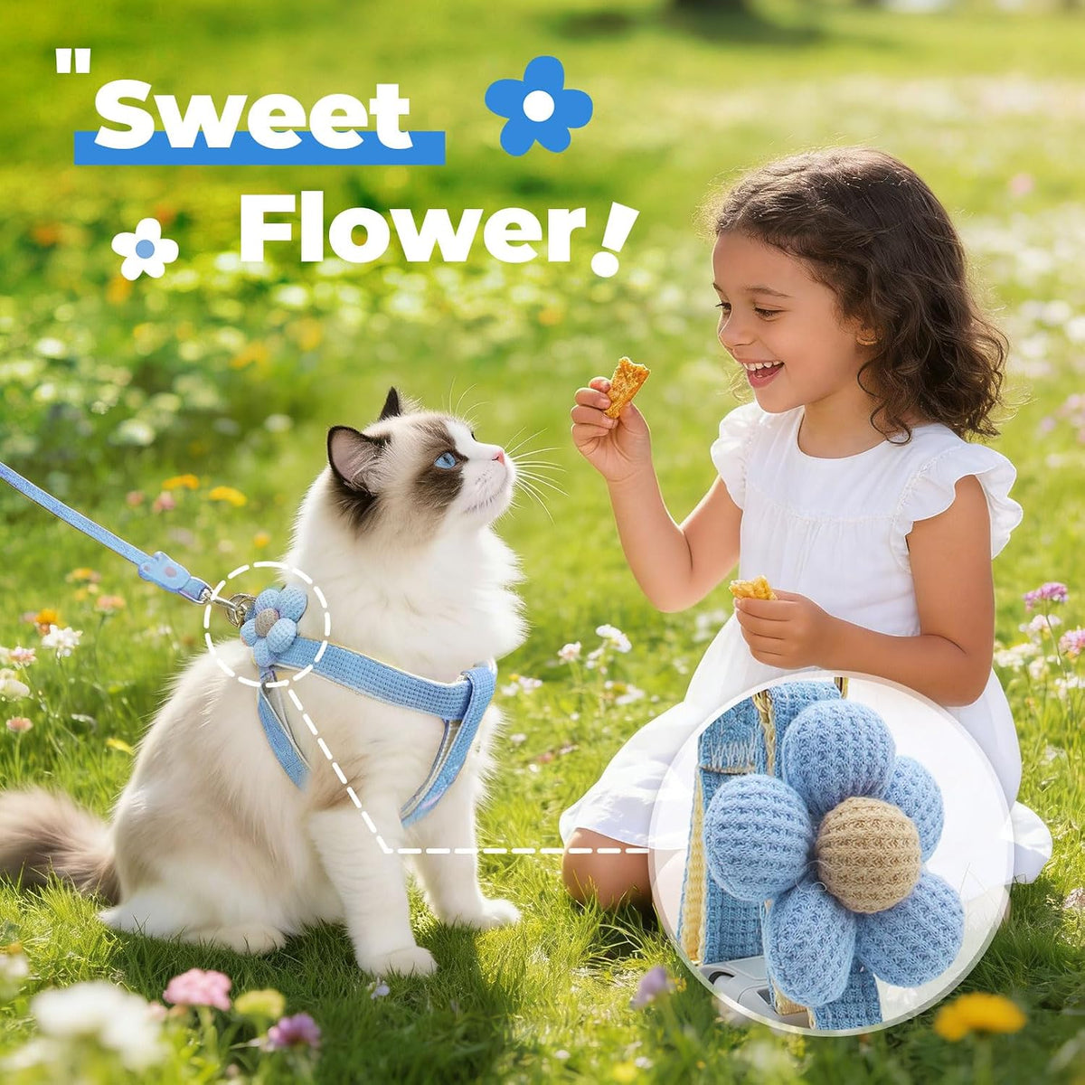 Petcare blue floral cat walking harness with bow tie
