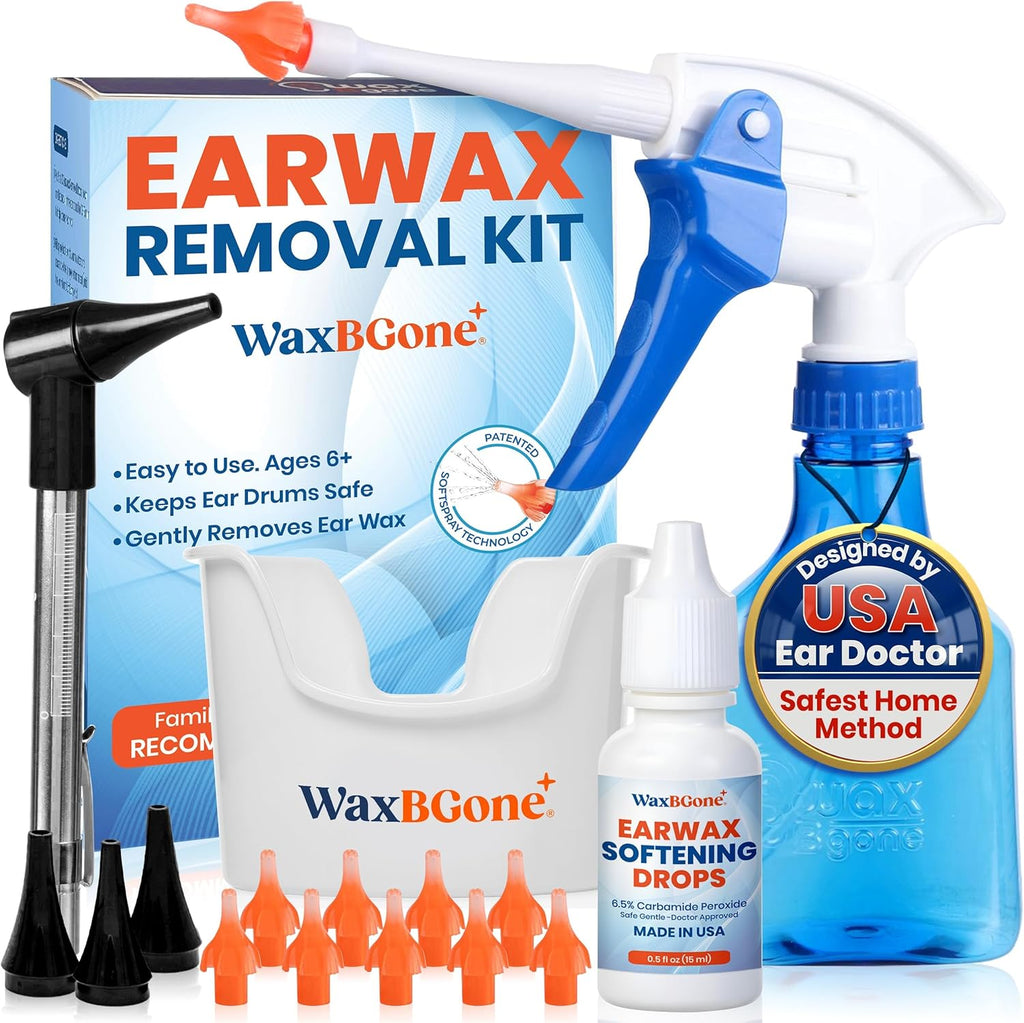 WaxBgone ear wax removal kit front view with spray bottle