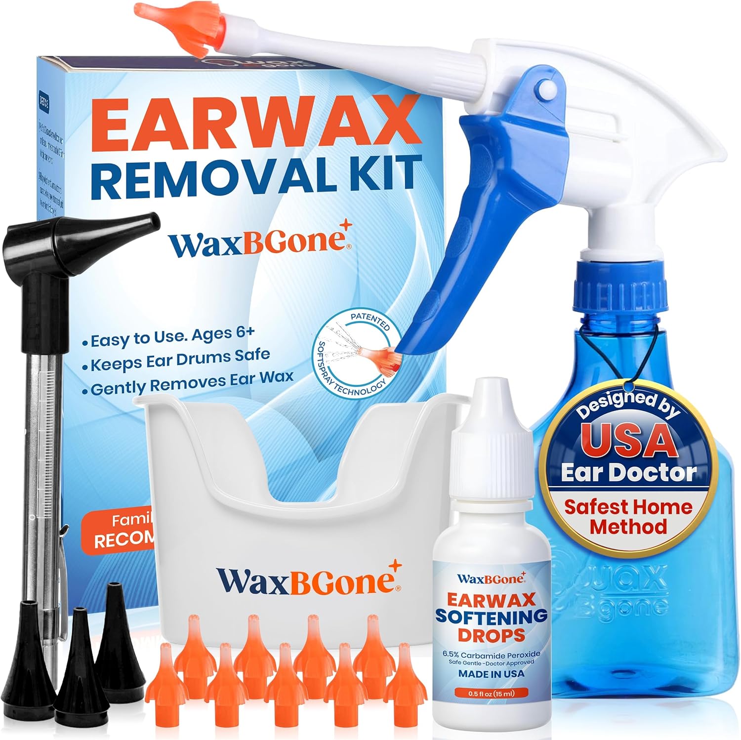 WaxBgone Ear Wax Removal Kit front packaging view showcasing the professional home ear cleaning system.