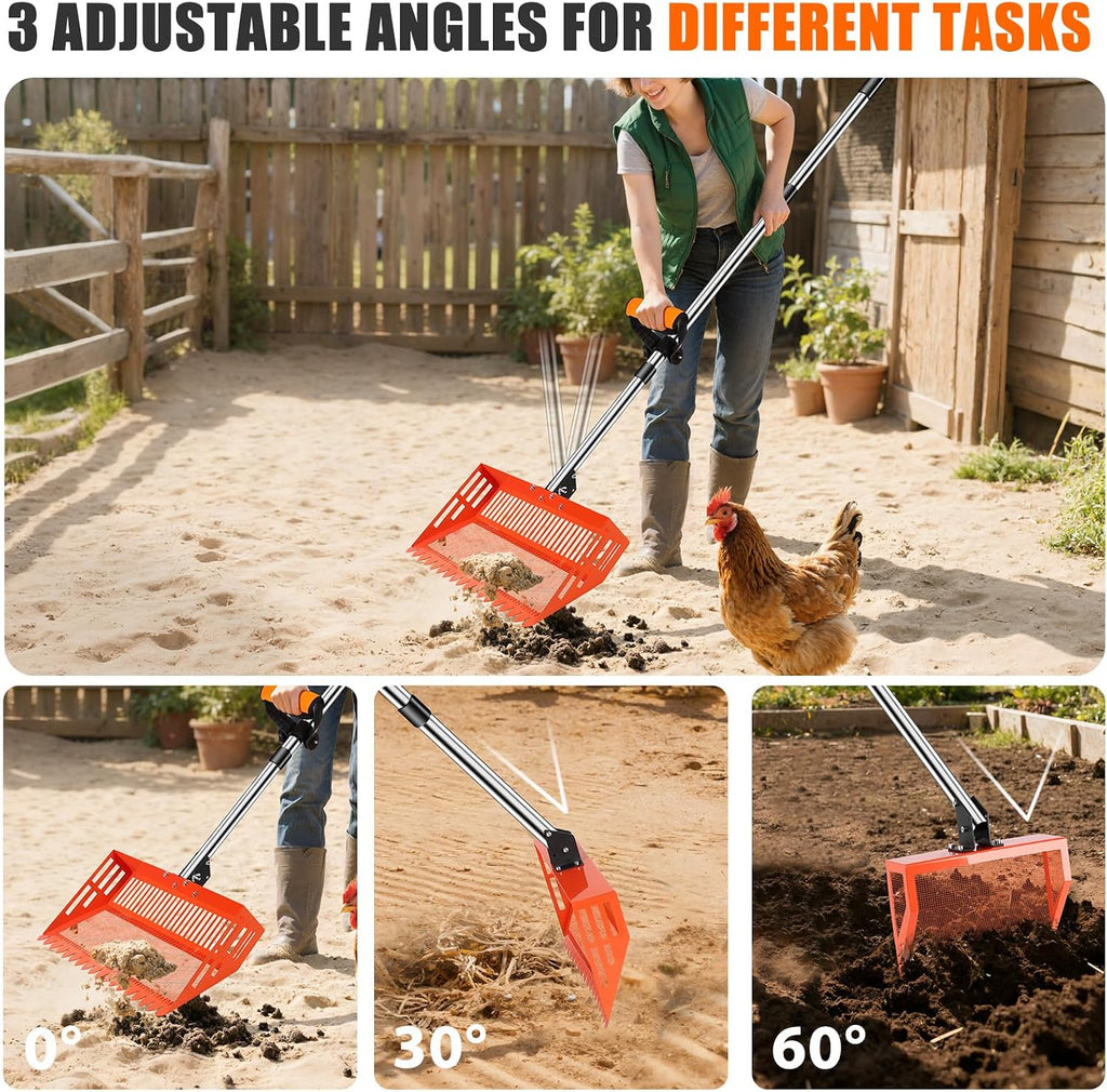 StarOcean poultry sifting shovel highlighting the adjustable stainless steel handle extended to sixty five inches.
