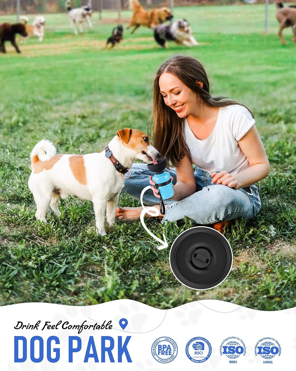 Close up of the upgraded leak proof push button lock on the portable pet waterer.