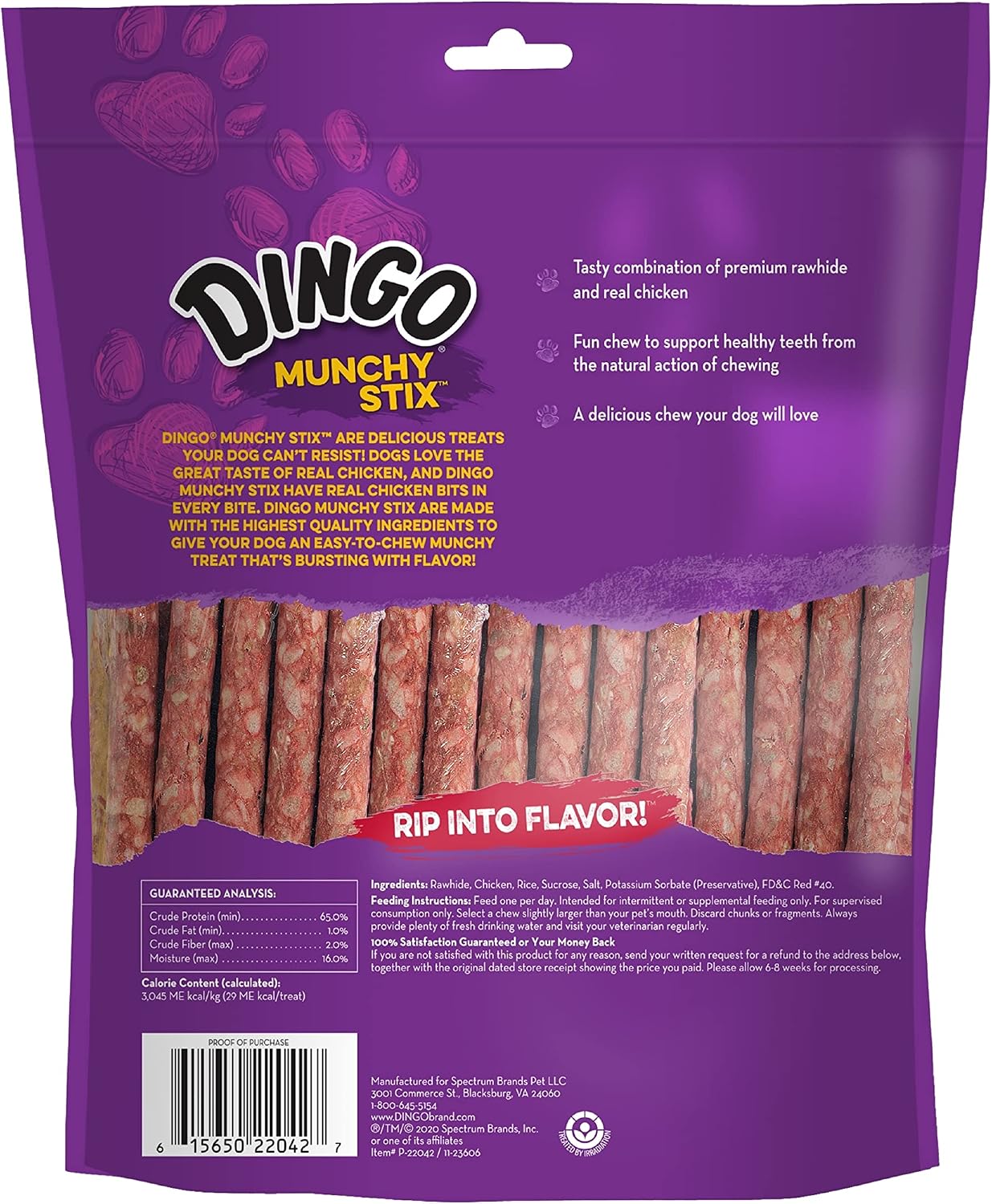 Dingo Munchy Stix dog treats back packaging with ingredient list visible.