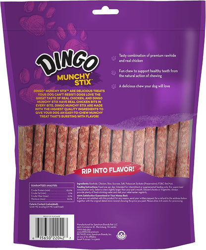 Dingo Munchy Stix dog treats back packaging with ingredient list visible.