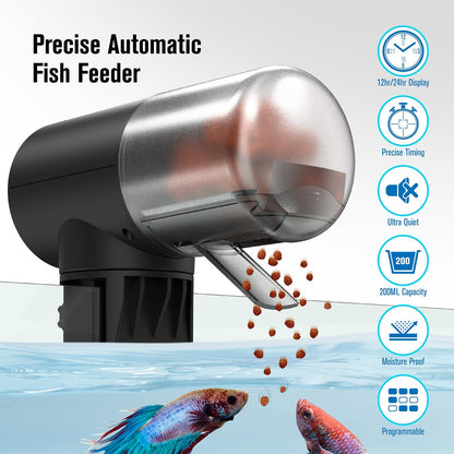 JuzPetz aquarium food dispenser installed on glass tank rim