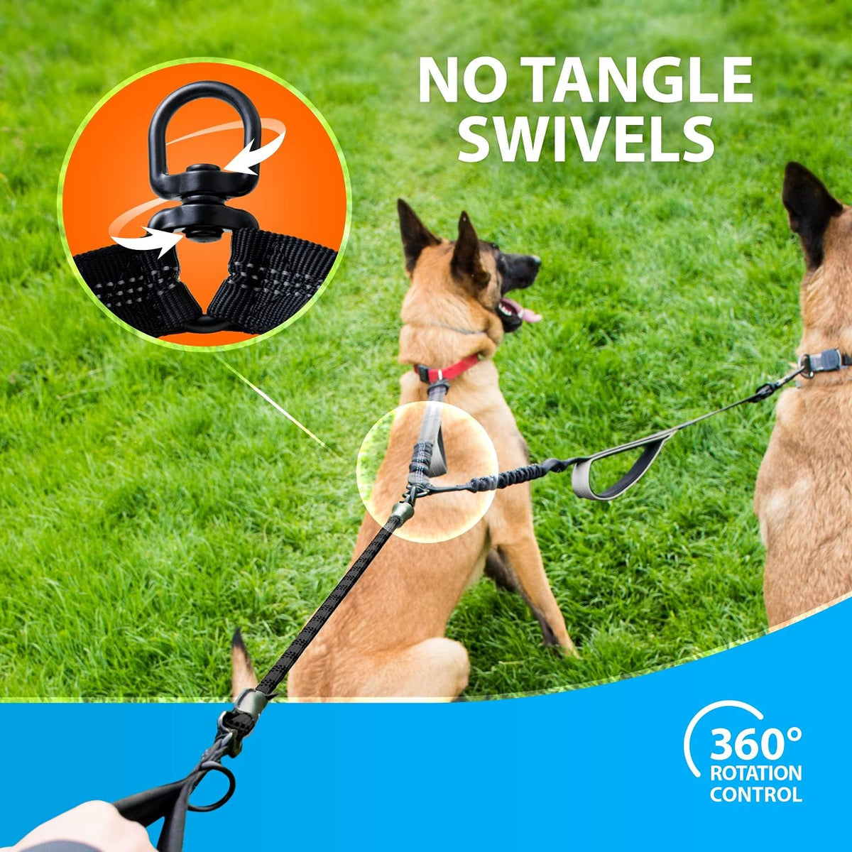 SparklyPets dual dog lead close up of the heavy duty three hundred sixty degree tangle free swivel