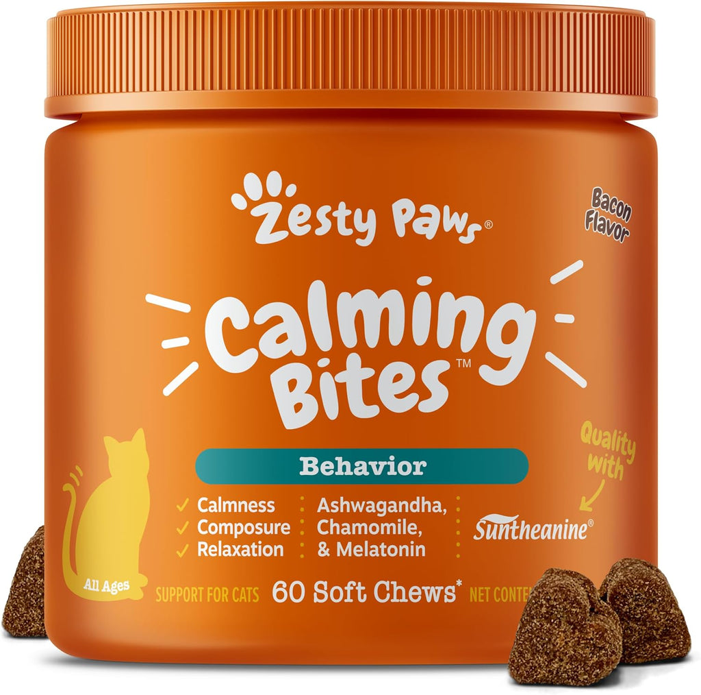 Zesty Paws calming chews for cats front view with bacon flavor packaging