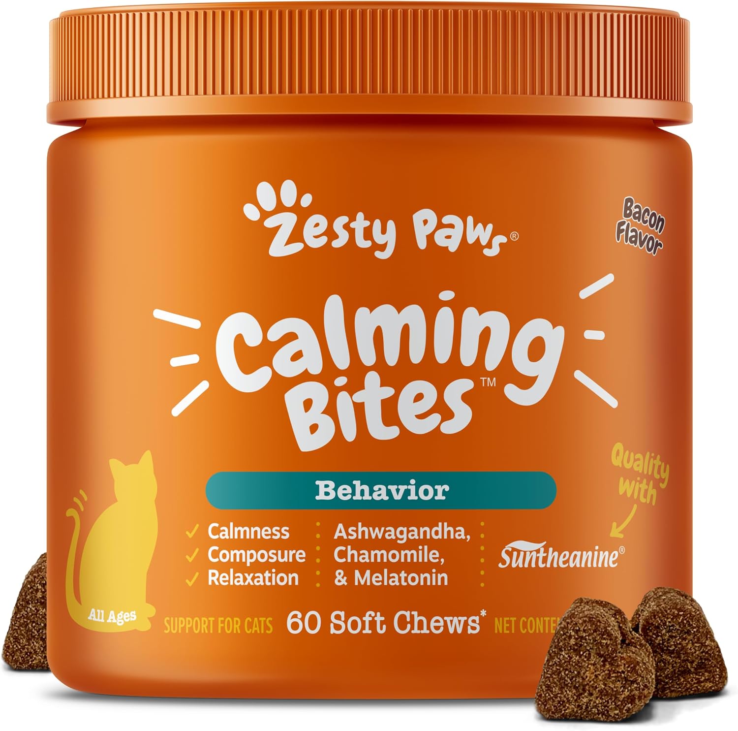 Zesty Paws Calming Chews for Cats front container packaging showcasing bacon flavor