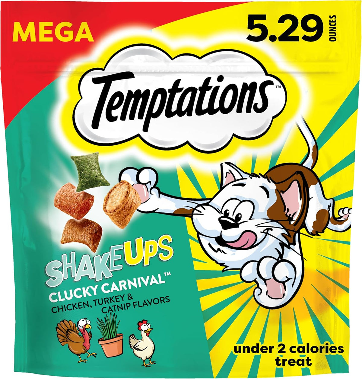 Temptations ShakeUps Clucky Carnival cat treats pouch front view