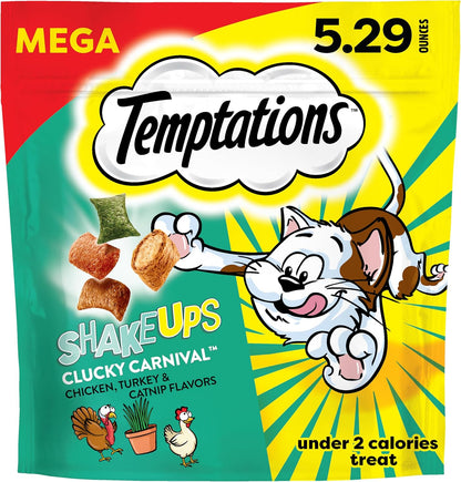 Temptations ShakeUps Clucky Carnival cat treats front view imported pet snacks