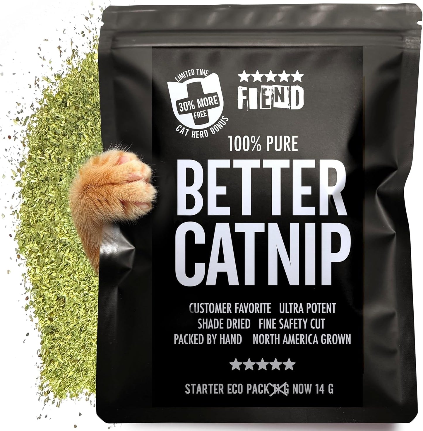 Fiend Catnip Safety-Cut front view of premium USA imported catnip packaging.