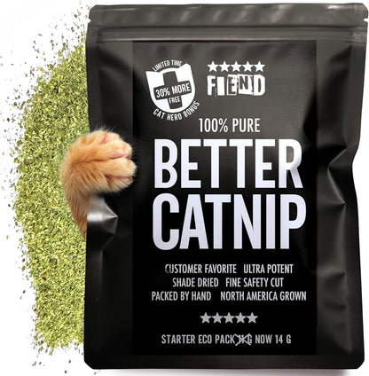 Fiend Catnip Safety-Cut front view of premium USA imported catnip packaging.
