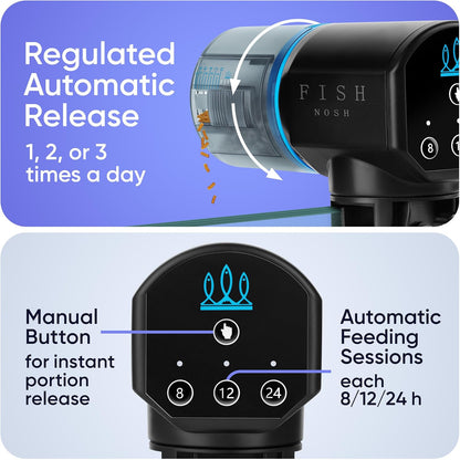 FISHNOSH automatic aquarium feeder showing the 360 degree rotating base.