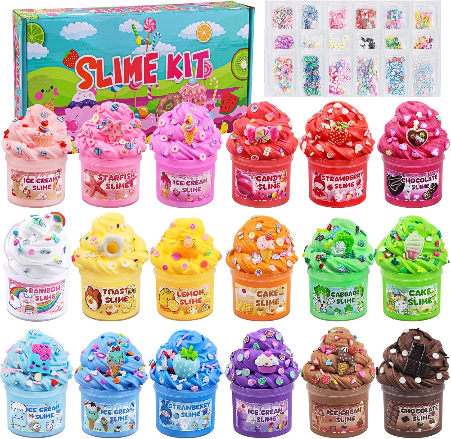 LAWOHO 18 Pack Slimes Kit front view showing colorful assortment jars