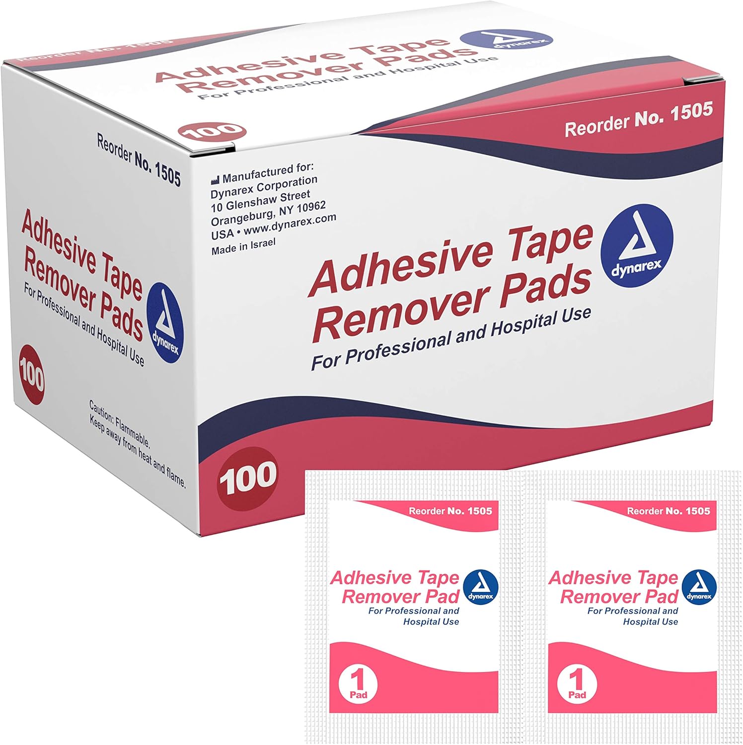 Dynarex Adhesive Tape Remover Pad 100 Count box front view for medical residue removal
