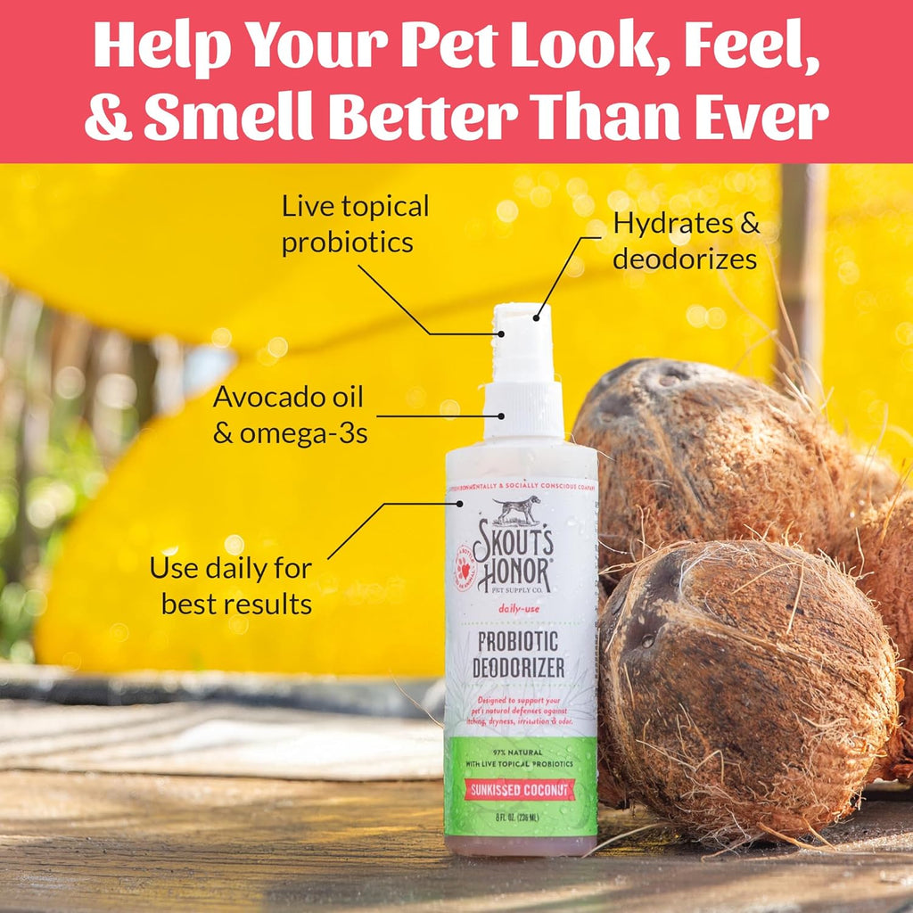 Dog being groomed with Skout's Honor Sunkissed Coconut deodorizer spray