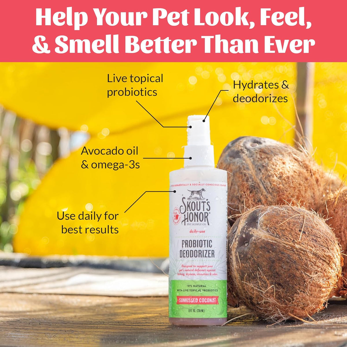 Dog being groomed with Skout's Honor Sunkissed Coconut deodorizer spray