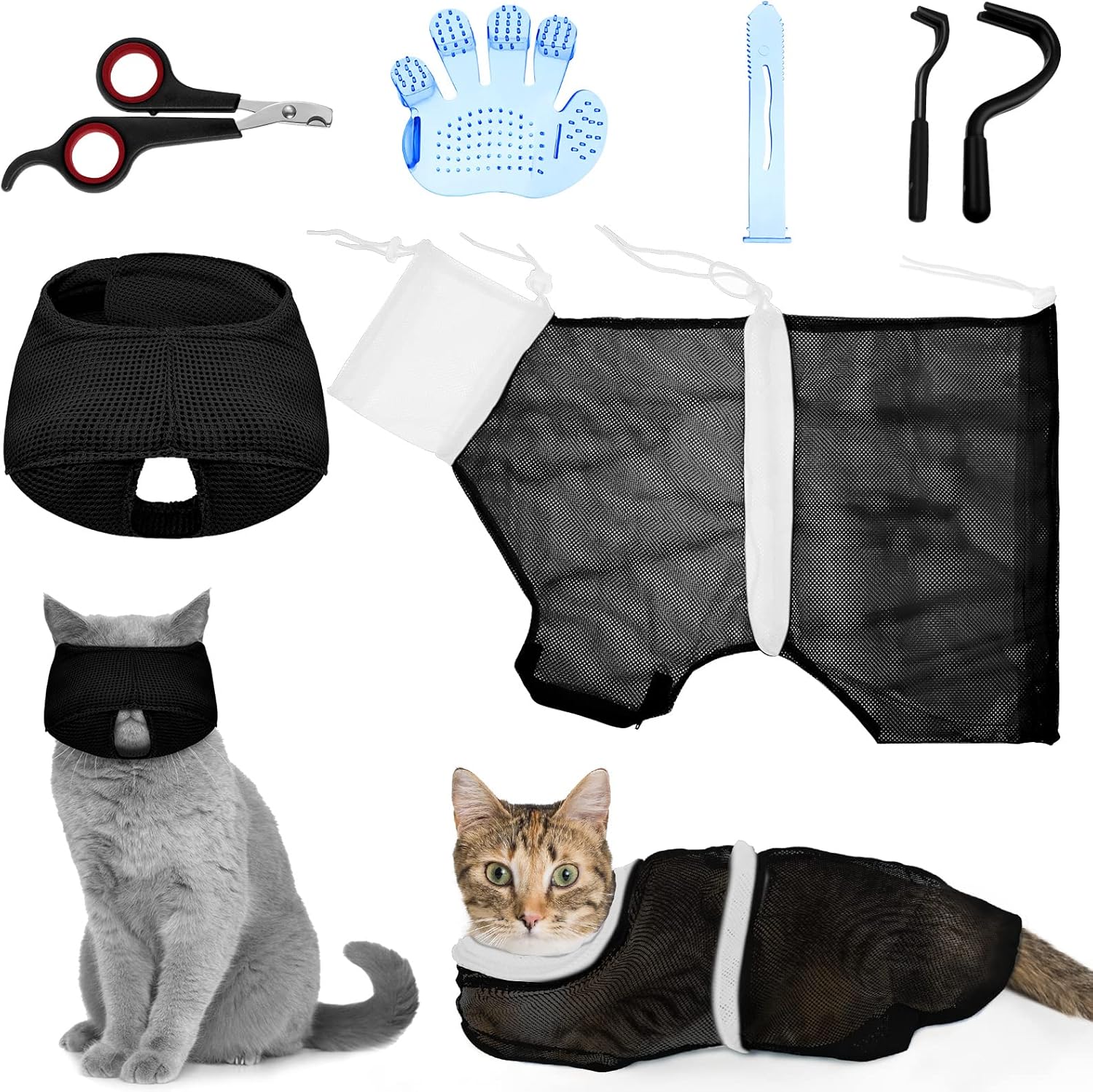 Patelai 5 Pcs Cat Bathing Bag Set Cat Grooming Bag Adjustable Pet Shower Net Muzzles Nail Clipper Tick Remover Tool Massage Brush(Pink) - Image 10