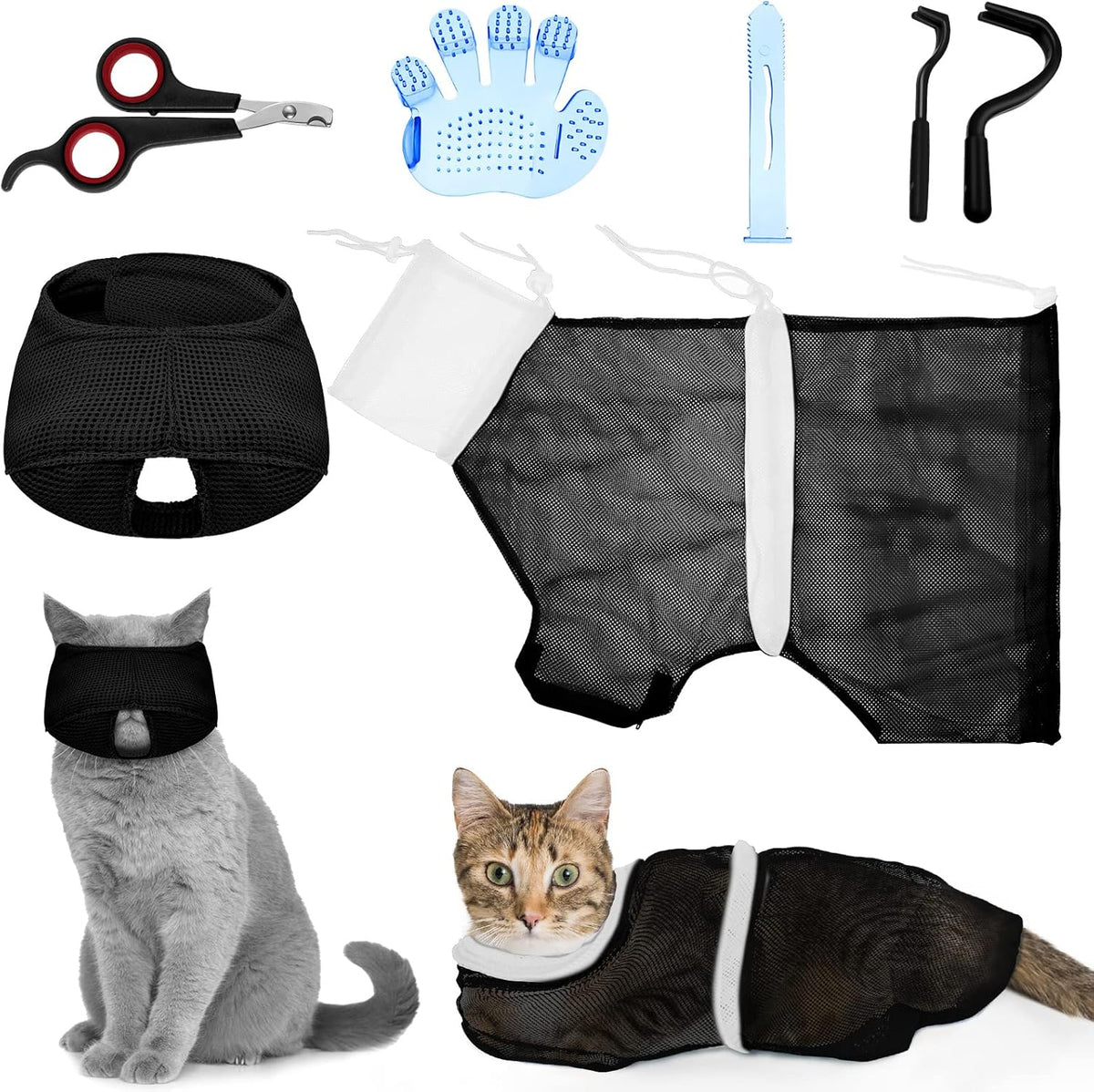 Patelai 5 Pcs Cat Bathing Bag Set Cat Grooming Bag Adjustable Pet Shower Net Muzzles Nail Clipper Tick Remover Tool Massage Brush(Pink) - Image 10