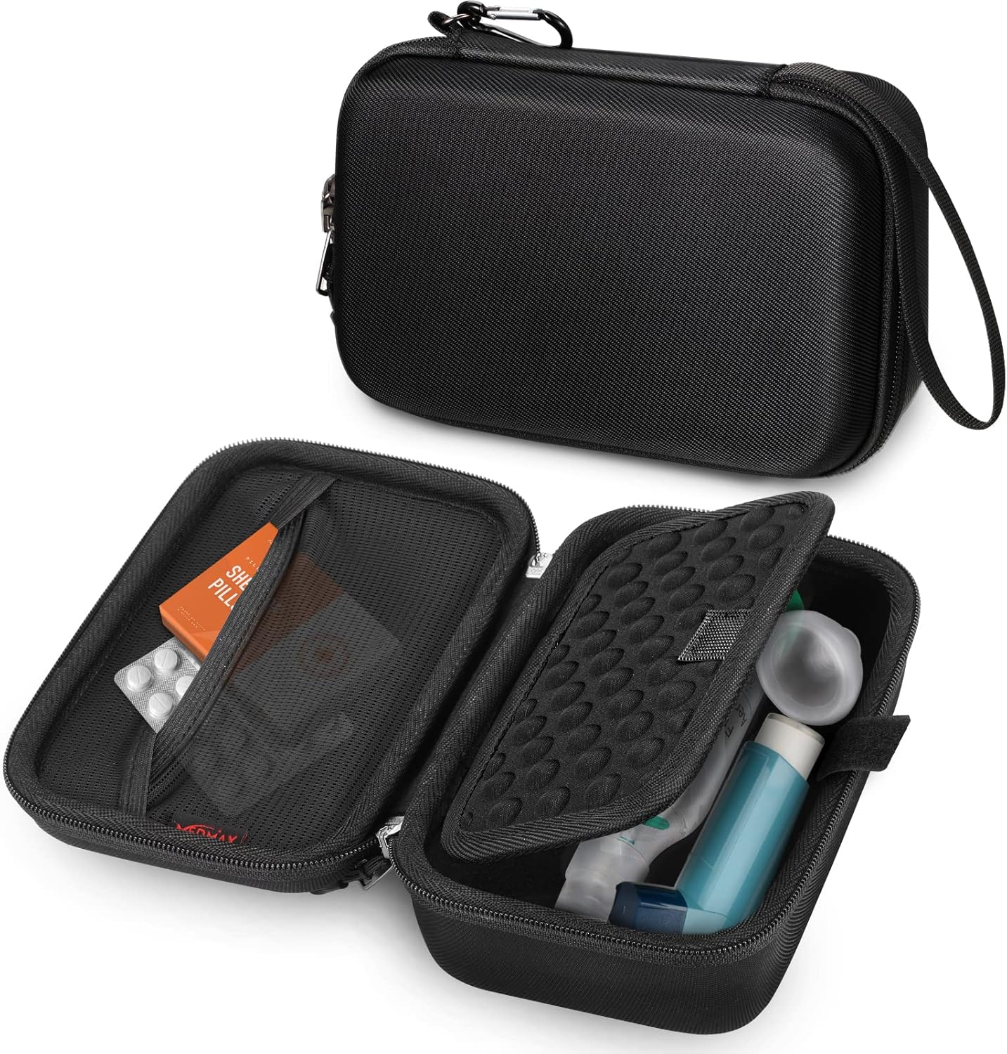 Elonbo MEDMAX hard shell asthma inhaler case front view showing black shockproof exterior
