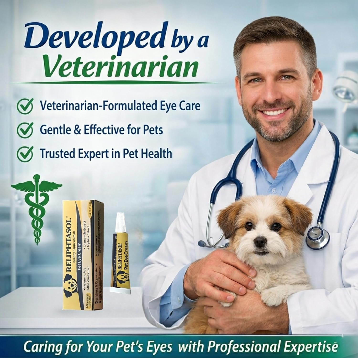Close up view of the one eighth ounce tube of vet formulated pink eye ointment