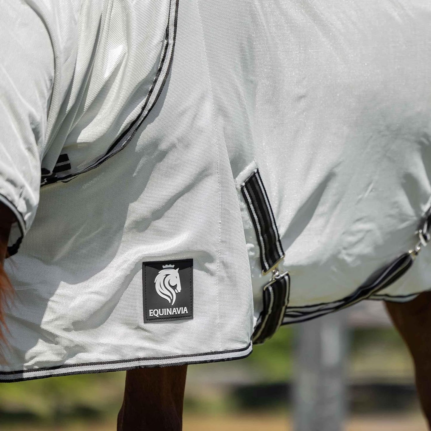 Close-up view of the breathable micro mesh fabric on the Equinavia equestrian turnout blanket.