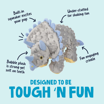 Durable gray dinosaur plush pet toy displaying reinforced double-stitched seams