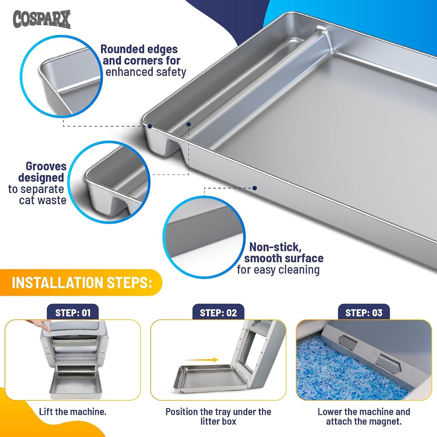 Cosparx brand packaging for the reusable litter tray