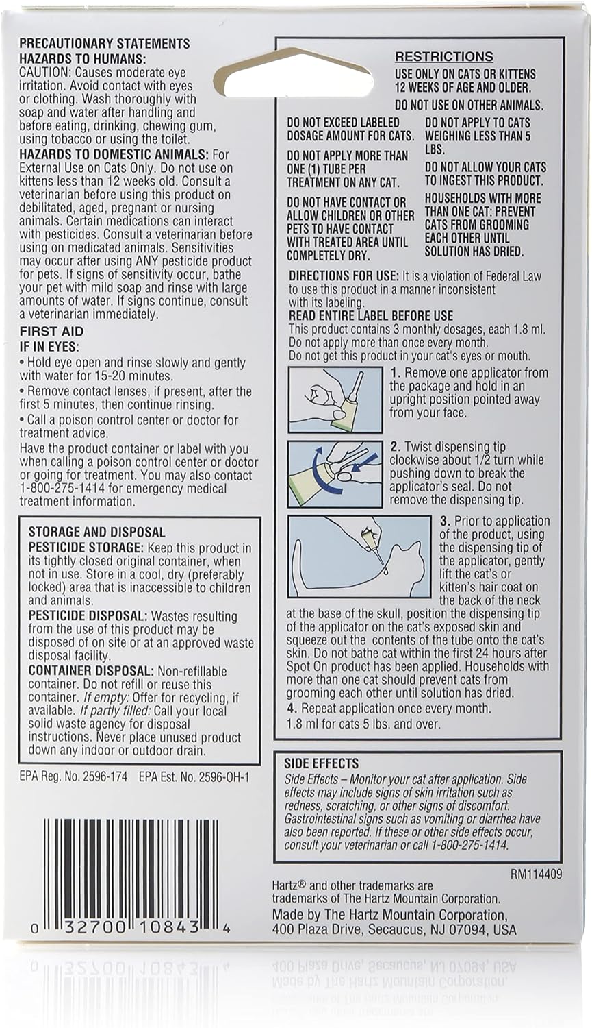 Hartz cat flea treatment box showing active ingredients and weight guide