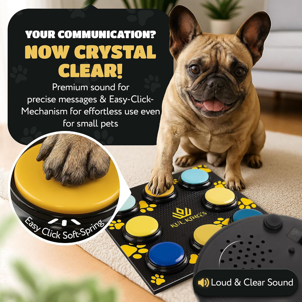 Eight recordable pet communication buttons arranged on a black non slip training mat.