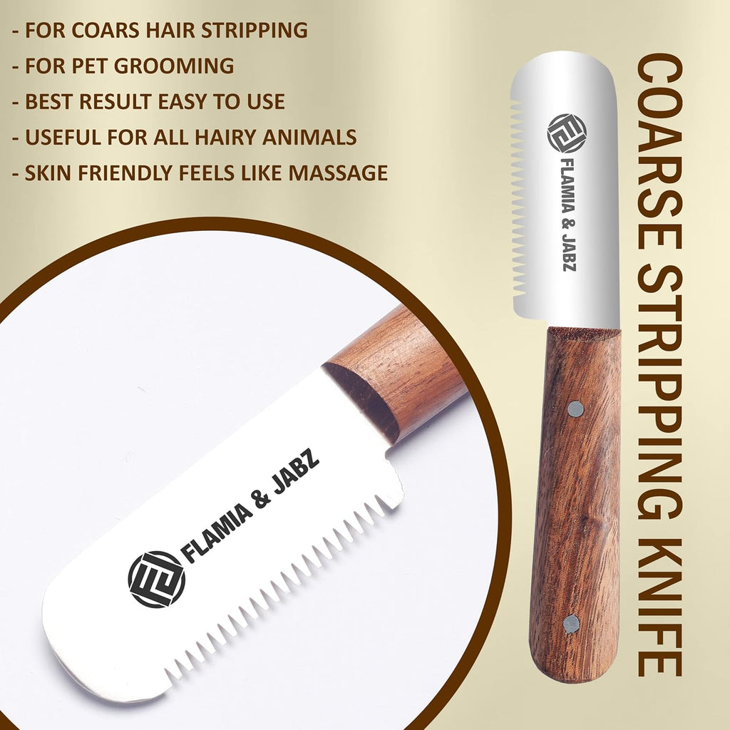 Hand stripping tool for dogs and cats highlighting the robust coarse teeth spacing.