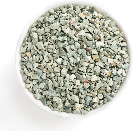 Boniosz green zeolite rocks in a 2lb bag front view.