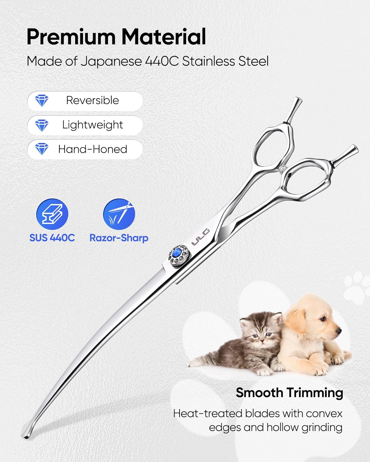 ULG professional pet hair scissors downward curved blades for precise contouring.
