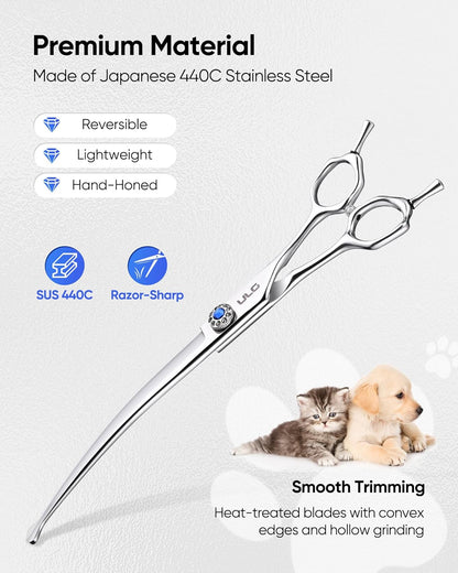 ULG professional pet hair scissors downward curved blades for precise contouring.