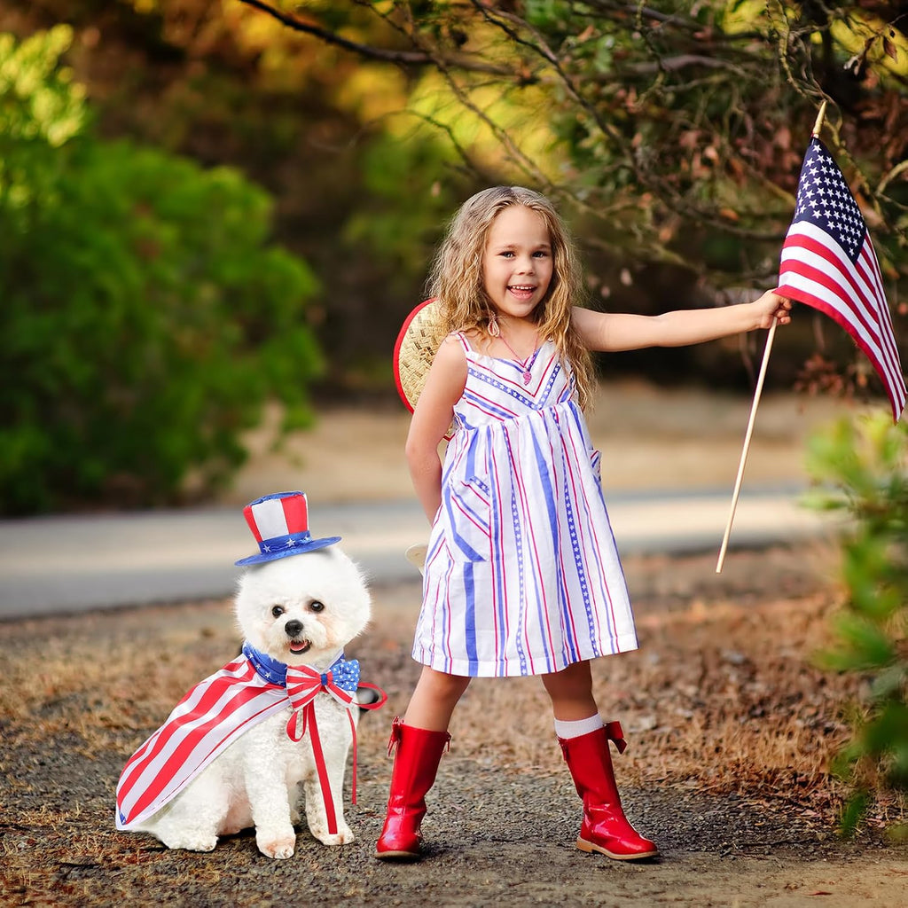 Cat wearing adjustable patriotic bow tie and striped top hat set