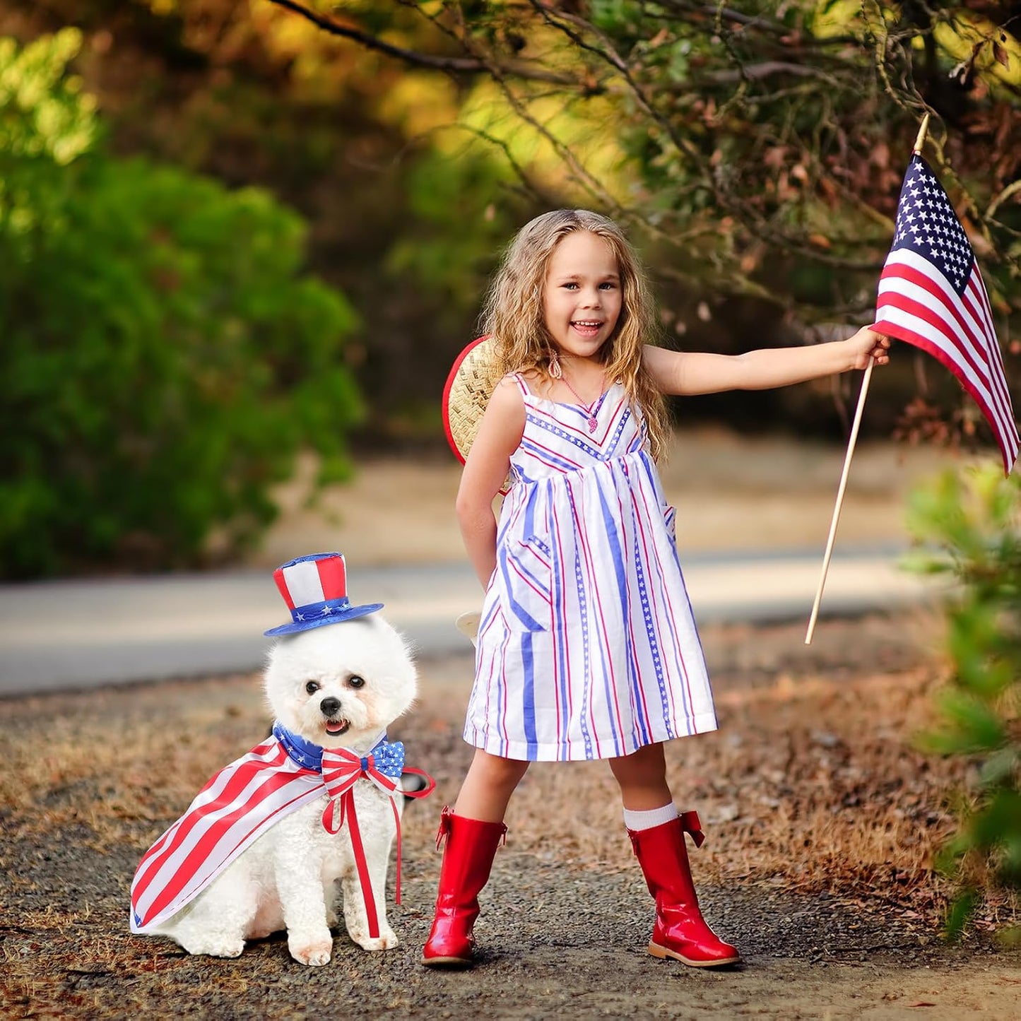 Cat wearing adjustable patriotic bow tie and striped top hat set