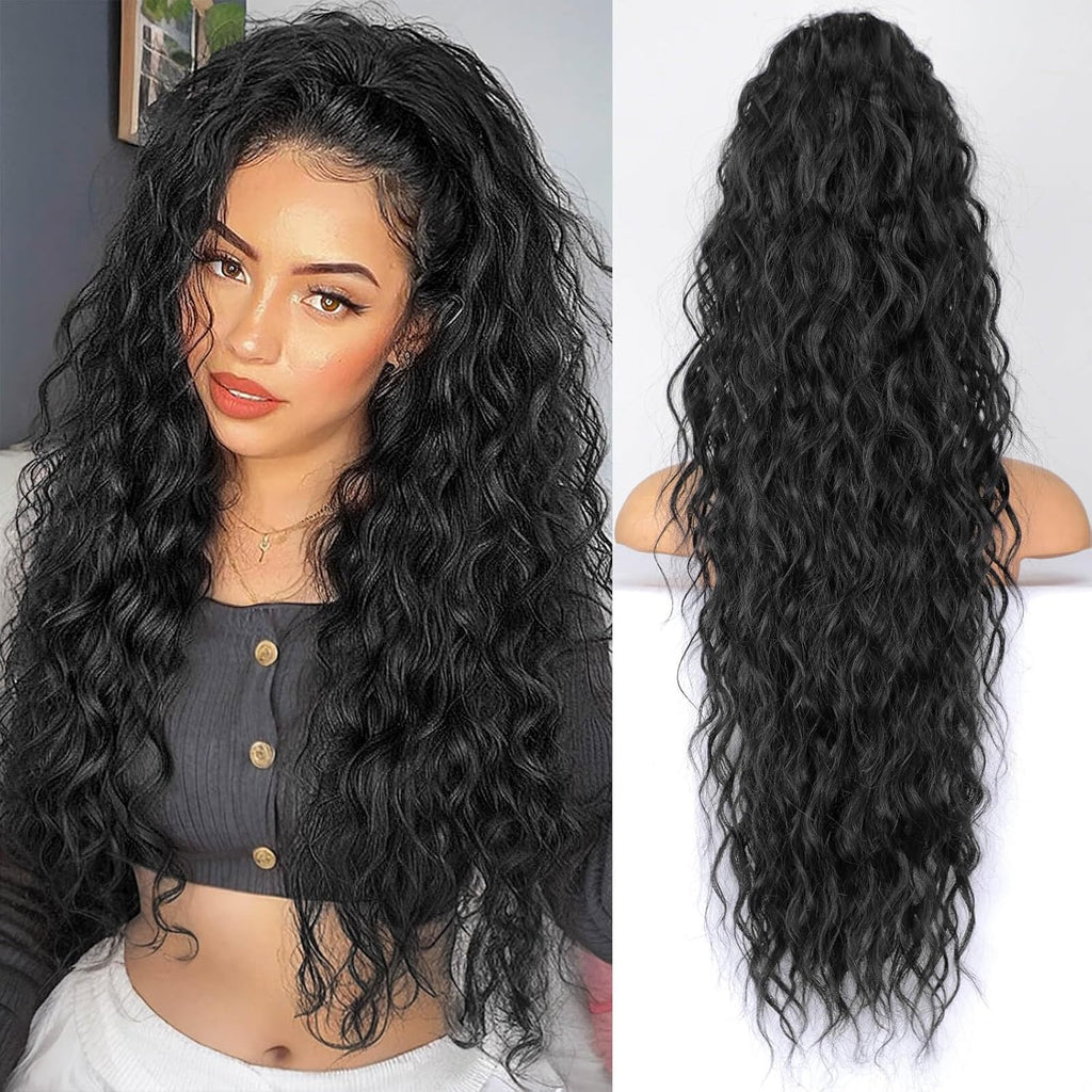 KooKaStyle Ponytail Extension 30 Inch Drawstring front view showing long curly black hairpiece