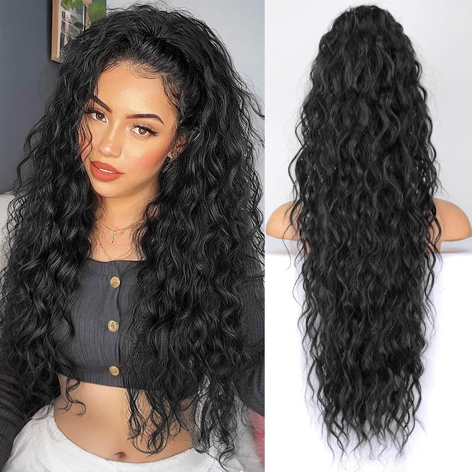 KooKaStyle Ponytail Extension 30 Inch Drawstring front view showing long curly black hairpiece