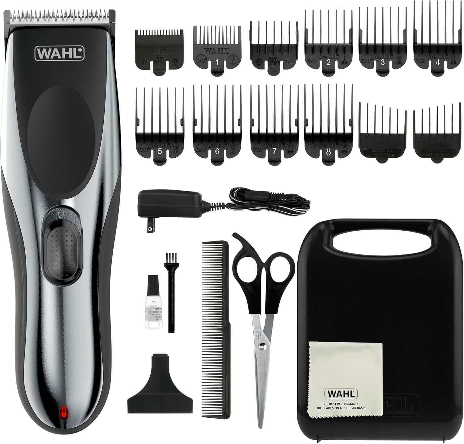 Wahl Rechargeable Cordless Haircutting Kit front view showcasing the stainless steel finish clipper