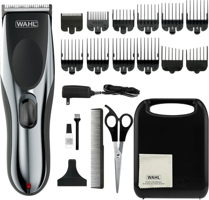 Wahl Rechargeable Cordless Haircutting Kit front view showcasing the stainless steel finish clipper
