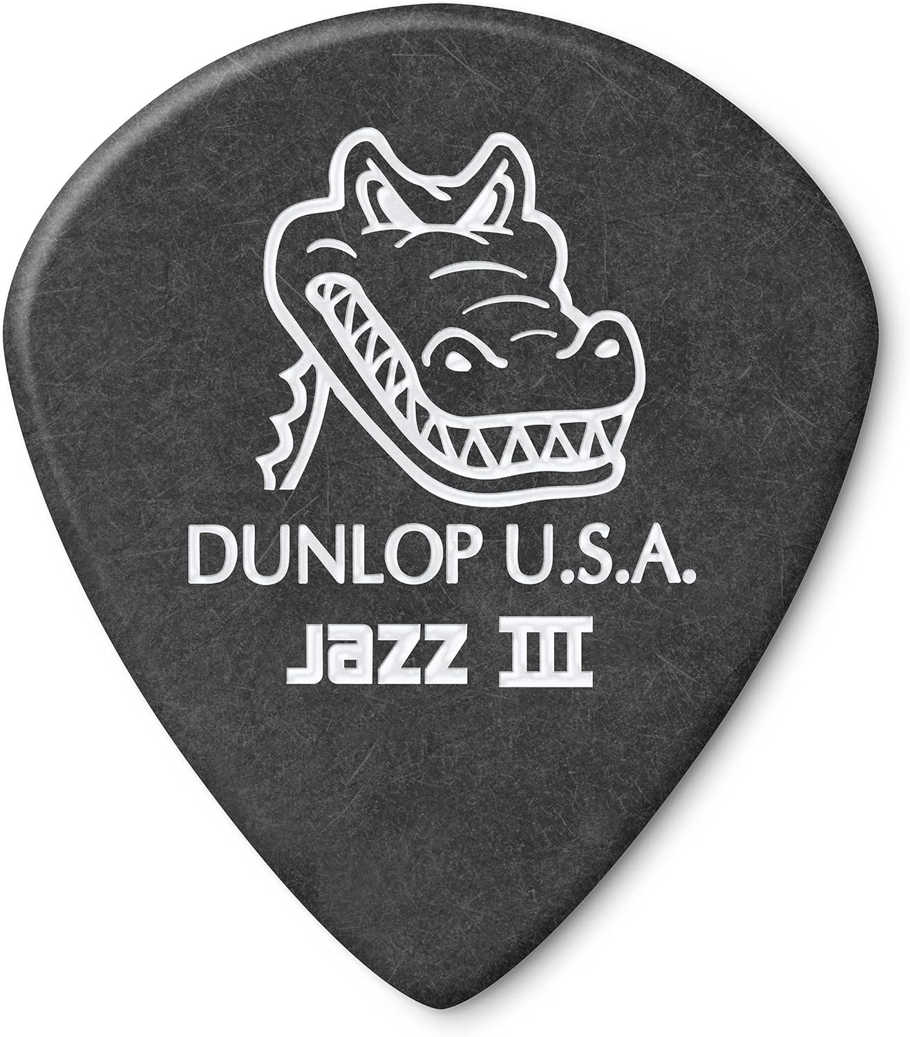 Side angle view showcasing the robust one point four millimeter thickness of the Jim Dunlop plectrum.