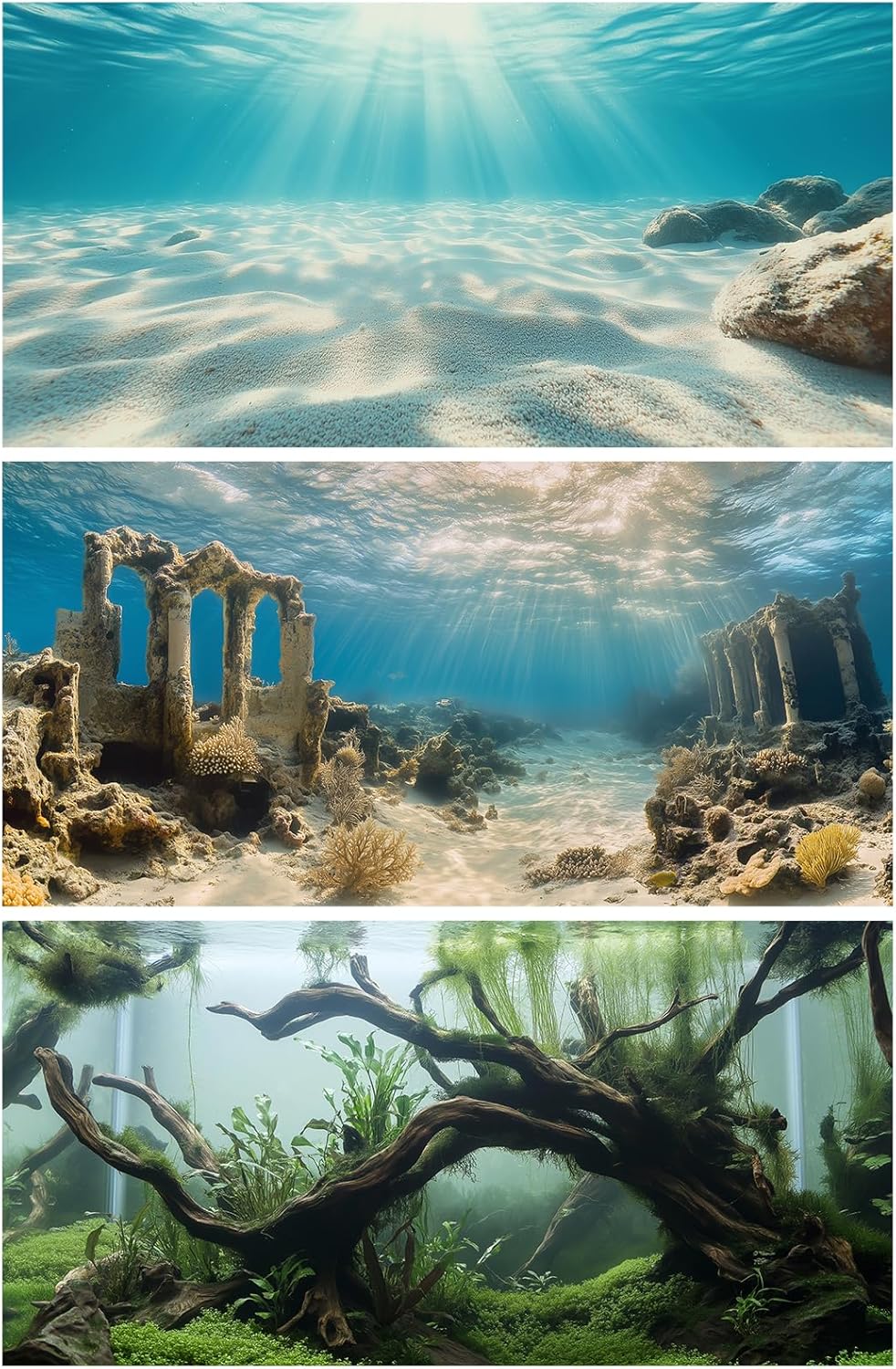 COMSUN 3 Pack Aquarium Background front view showing undersea ruins design