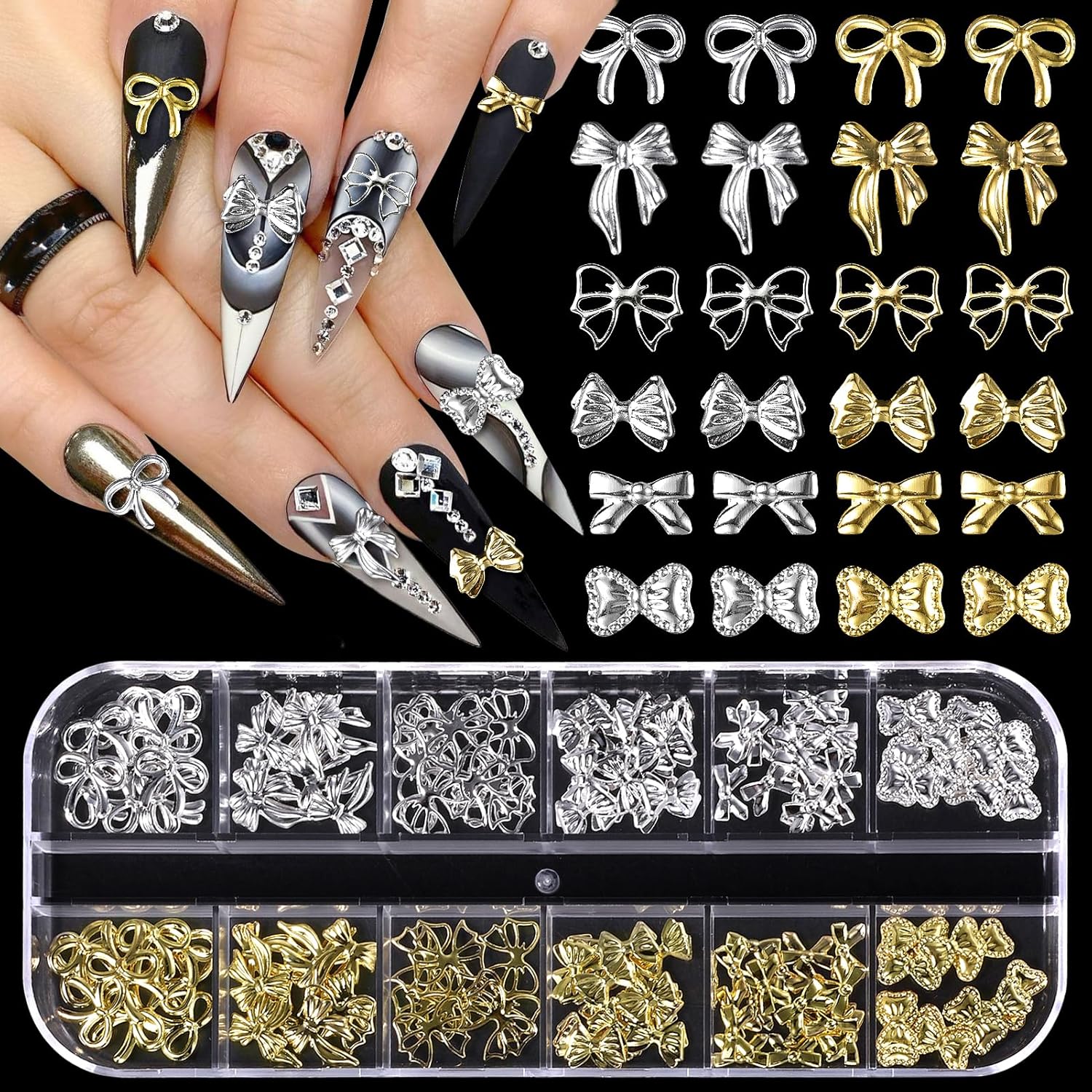 S.A.V.I Silver Gold Bow Nail Charms front view of 12 grid assortment box for salon manicures.