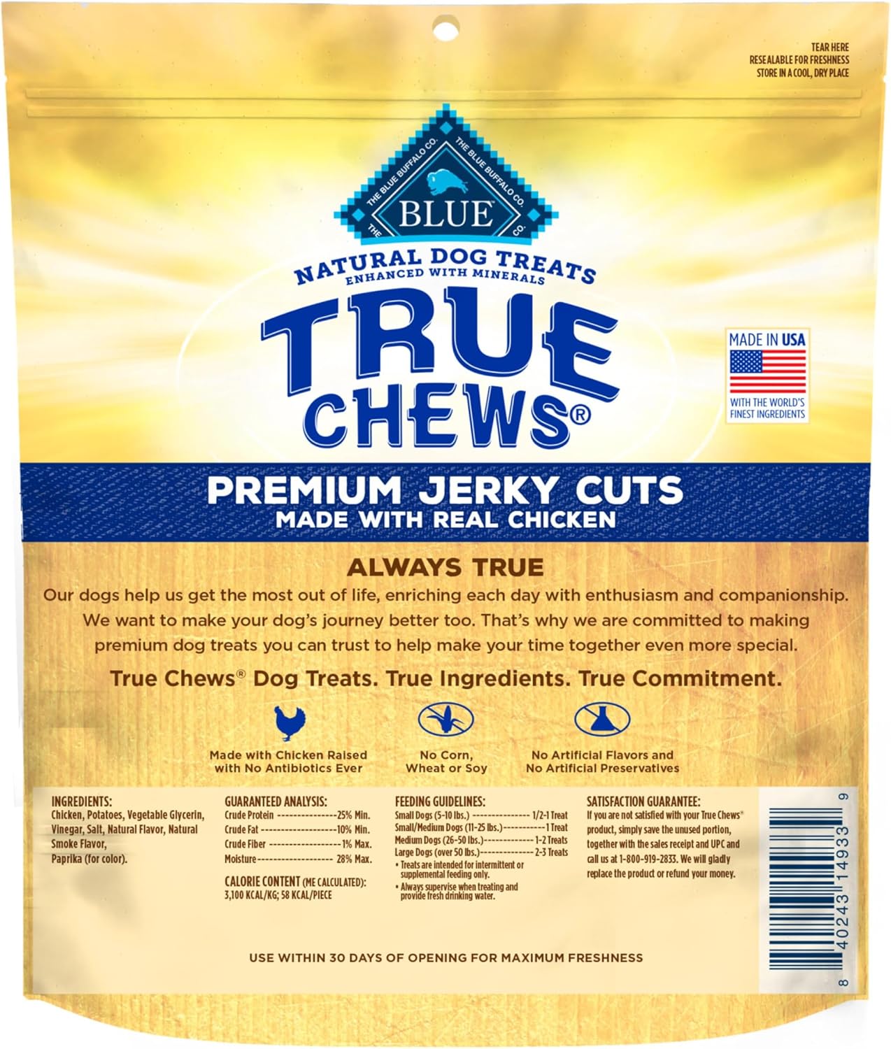 Blue Buffalo True Chews natural jerky cuts dog treats packaging