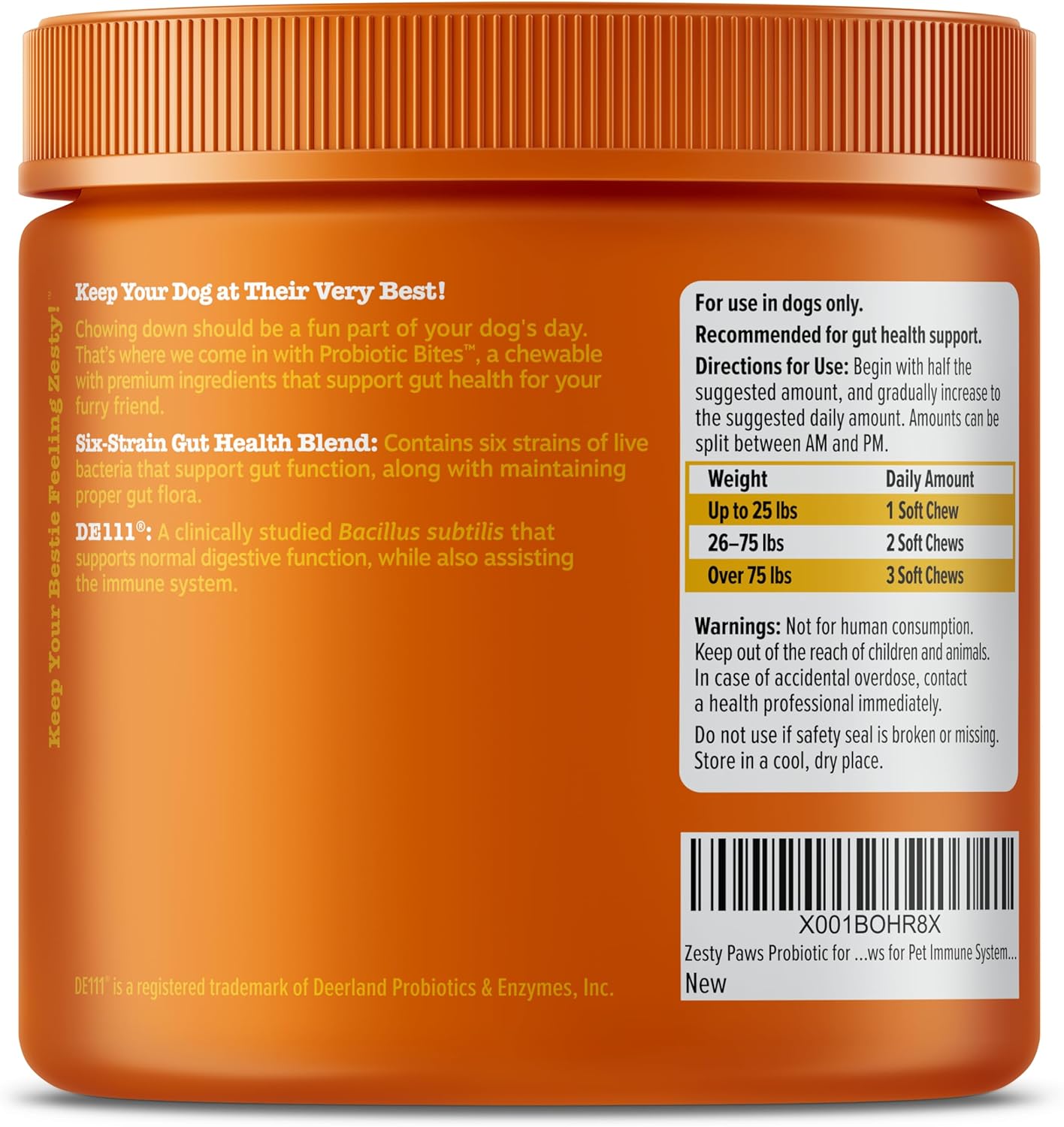 Back of Zesty Paws packaging showing dosage instructions