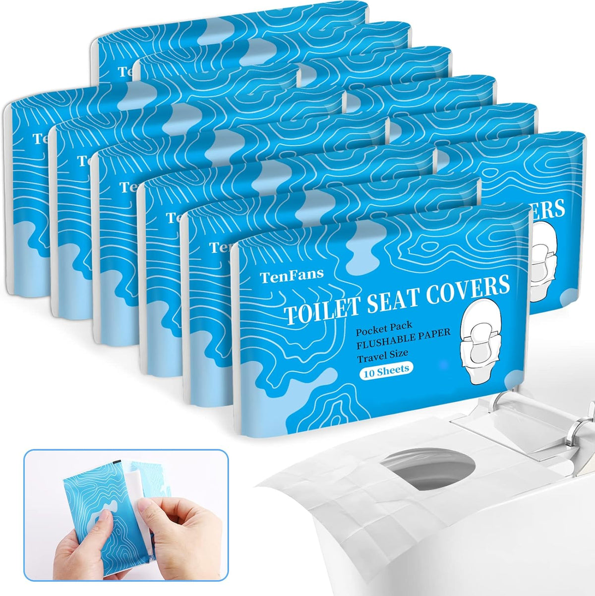TenFans flushable water soluble toilet seat covers front view pack of 120