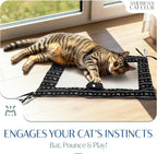 Close up view of the interactive cat mat showing the looped ribbon corners and soft fabric texture.