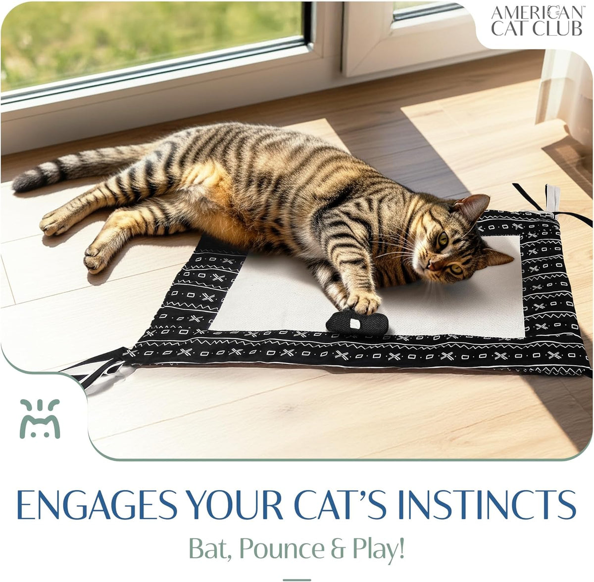 Close up view of the interactive cat mat showing the looped ribbon corners and soft fabric texture.