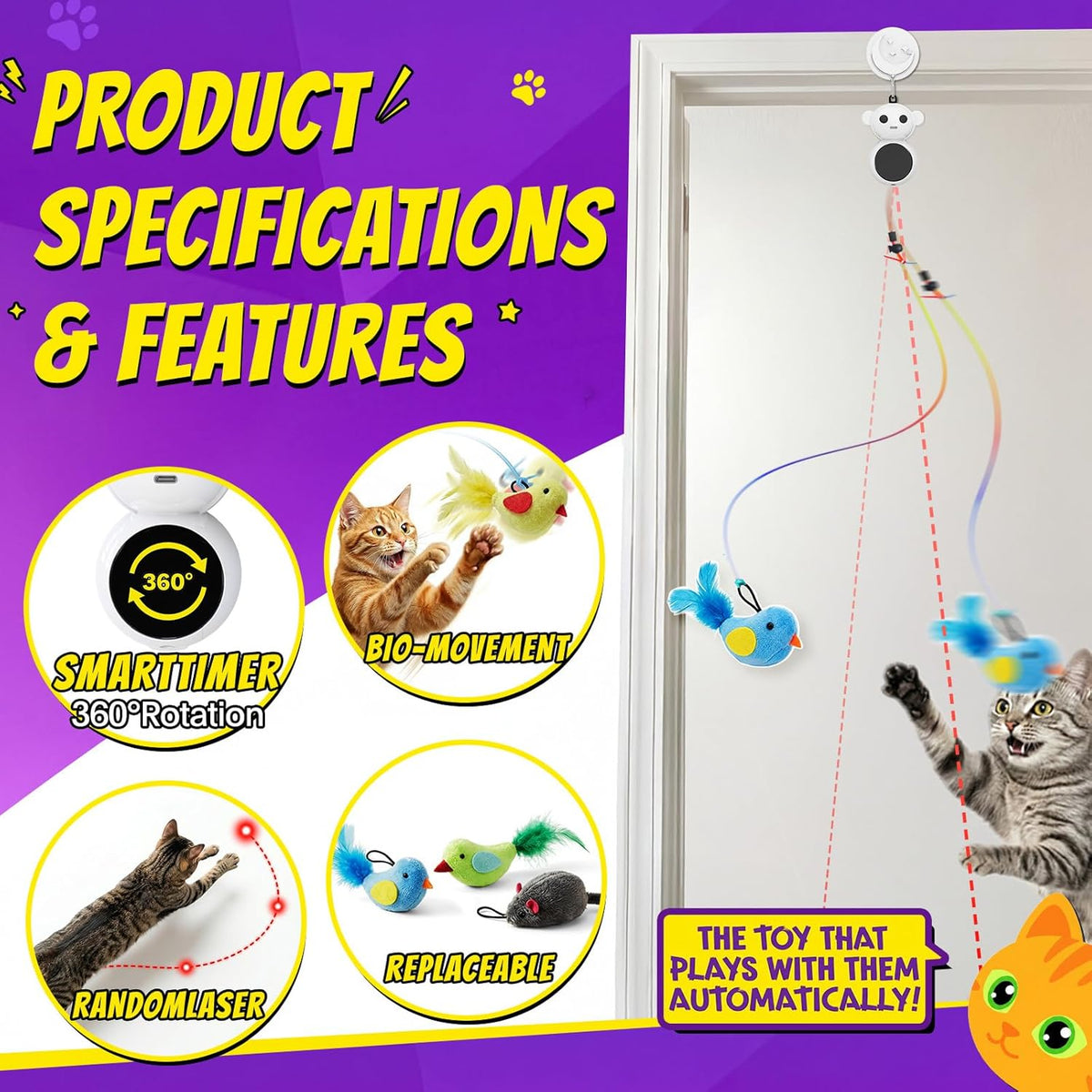 Automatic flying bird and mouse wand attachment moving for kitten stimulation