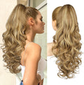 REECHO ponytail extension front view showing 24 inch long curly wavy synthetic hairpiece in highlighted blonde.